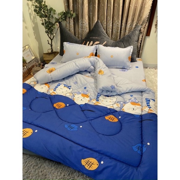 Trọn bộ 5 món ga gối chăn phao poly cotton có ruột bông dày chất lượng tốt