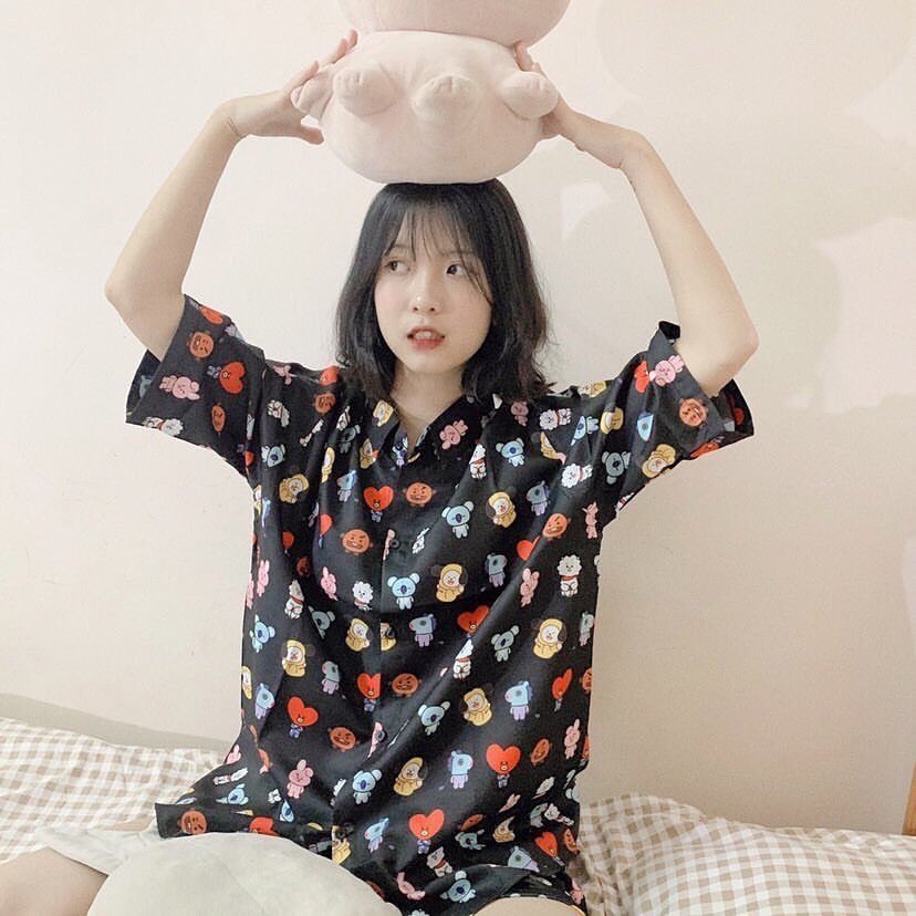 Set Áo Sơ Mi Tay Lỡ In BT21 x Short BT21 Đen Unisex (Có Bán Lẻ)