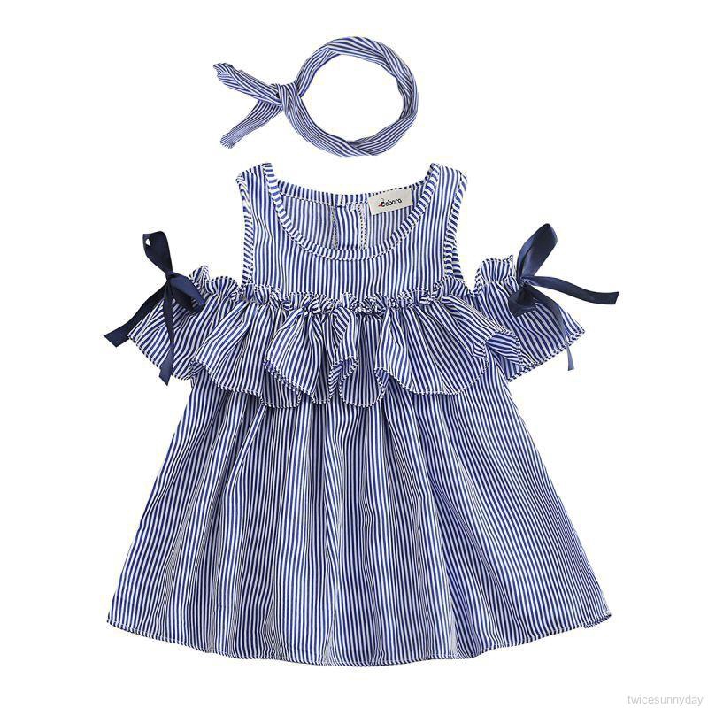 Đầm kẻ sọc thắt nơ + băng buộc đầu cho bé gái