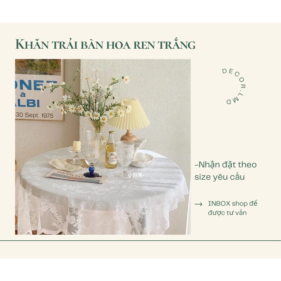 Khăn trải bàn ren hoa trắng thơ mộng Hàn Quốc vintage,Khăn dã ngoại picnic, Phông Nền Chụp Ảnh Trang Trí Bàn Học