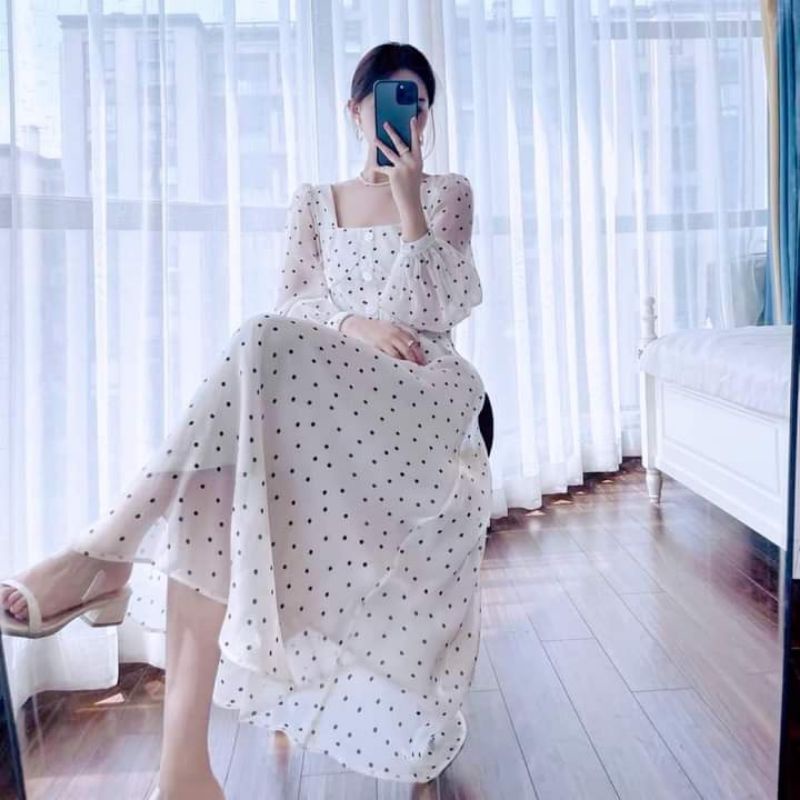 váy cổ V chấm bi dáng dài cho nữ