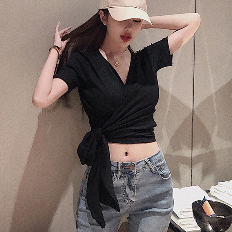 Áo croptop ngắn tay cổ V hở lưng quyến rũ phong cách Hàn Quốc