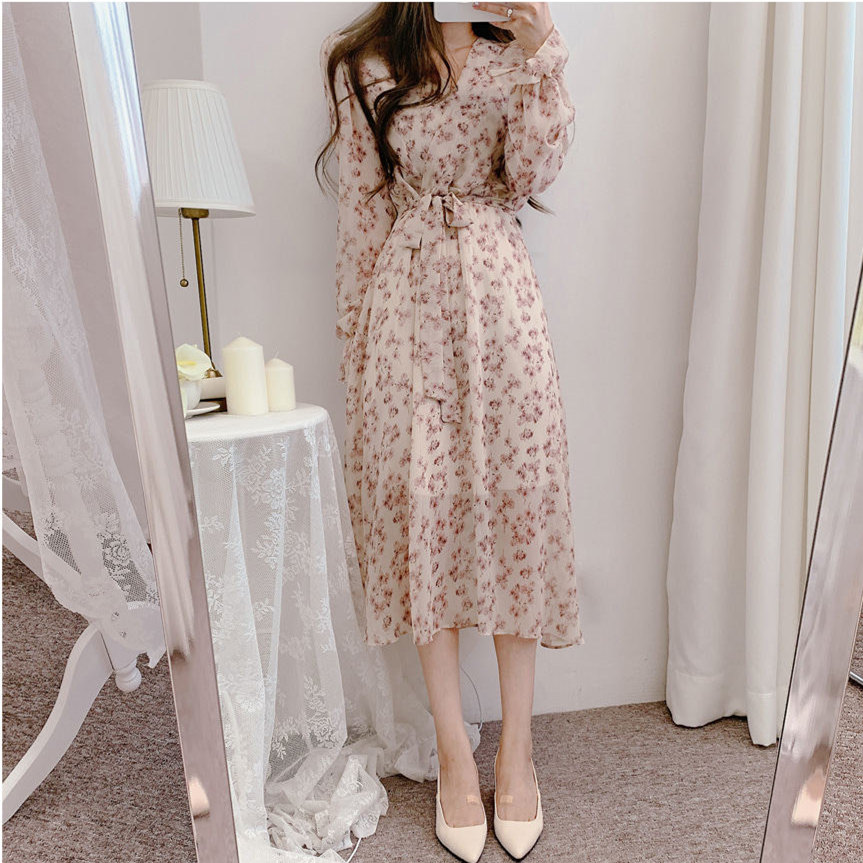 Đầm voan hoa SUXI tay dài cổ chữ v phong cách hàn quốc cho nữ