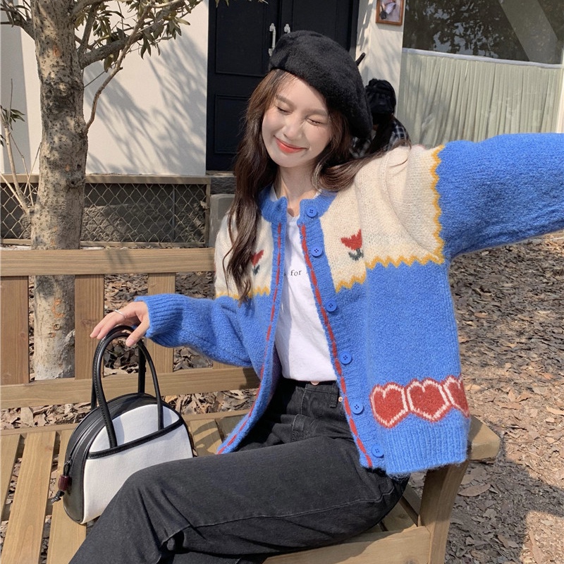 IELGY    Áo cardigan Dệt Kim Tay Dài Dáng Rộng Màu Sắc Tương Phản Thời Trang Cho Nữ