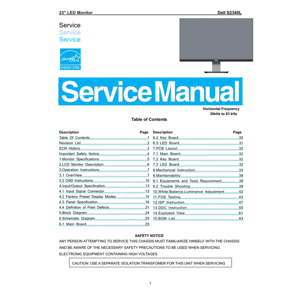 Hướng dẫn sửa chữa và sơ đồ màn DELL S2340L-E05