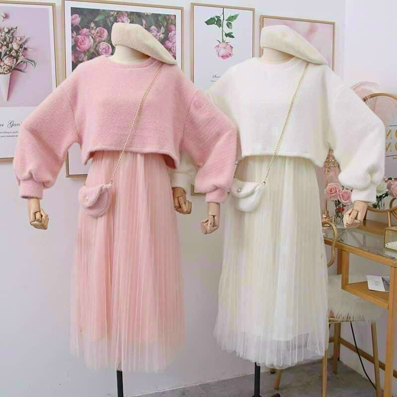 Đầm váy nữ,Sét 3 món công chúa siêu xinh.áo croptop và váy lưới xòe kèm túi đeo chéo siêu hót