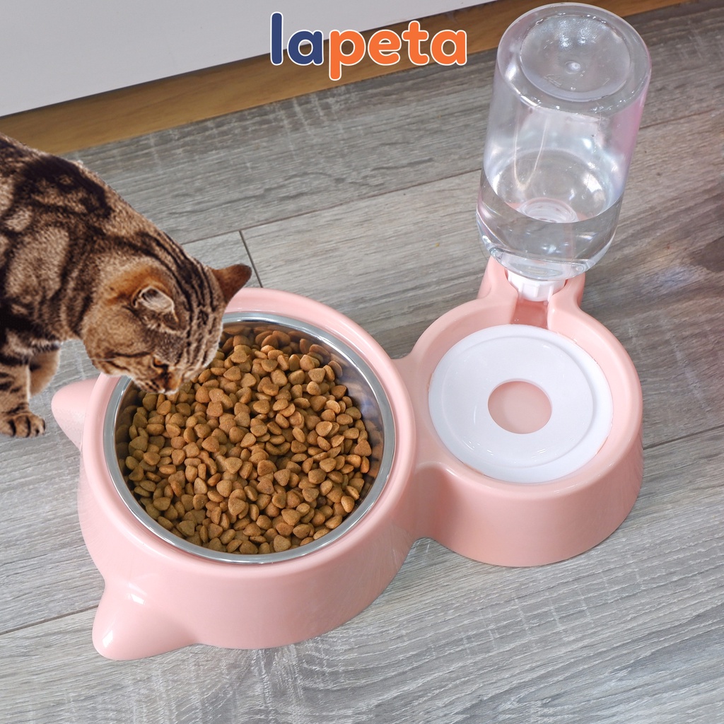 Bát ăn cho chó mèo thú cưng hai ngăn đôi có bát inox khay bình nước tự động hình tai mèo