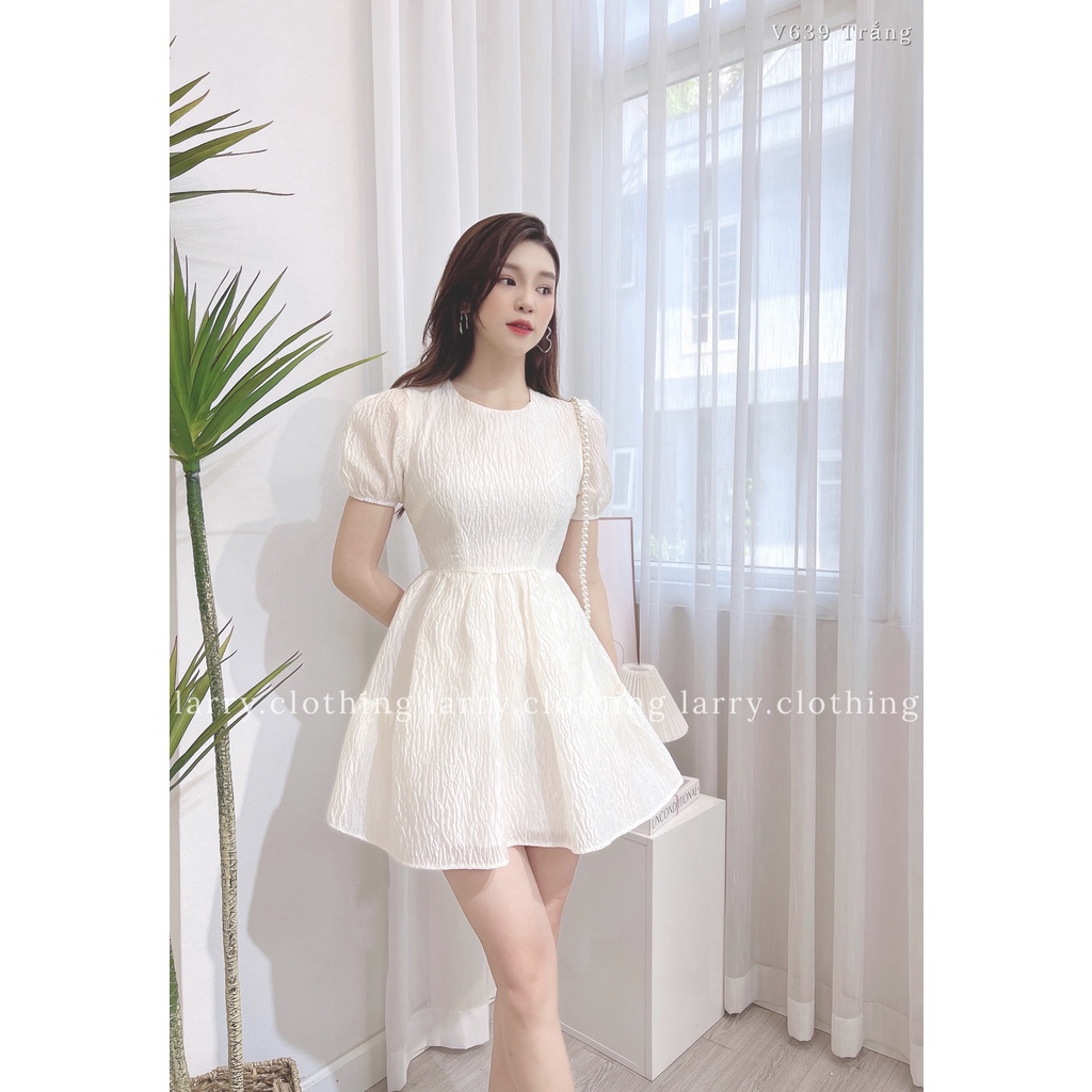 Đầm thiết kế nữ váy Tapta dáng babydoll vải nhăn cổ tròn 2 lớp chiết eo bồng thời trang thiết kế Larry Clothing V639