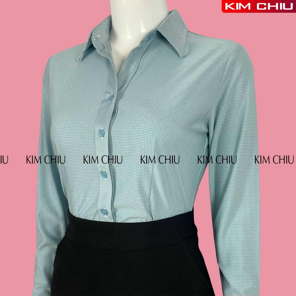 Áo Sơ Mi Nữ Công Cở Mai An Cao Cấp, Kẻ Caro Màu Xanh Đậm Tay Dài Vải Kate Ý Đẹp Ít Nhăn Giãn Nhẹ. SMTD09