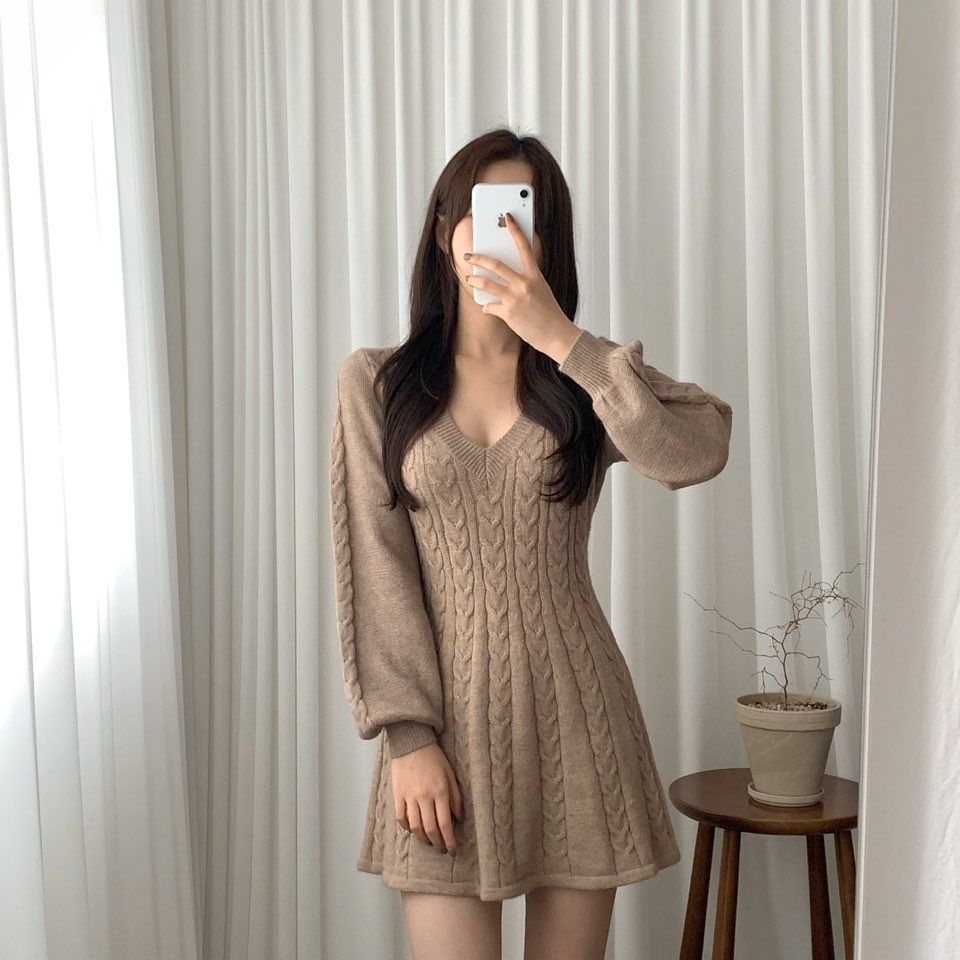 Đầm dệt kim tay phồng cổ chữ V phong cách retro Hàn Quốc thời trang thu đông cho nữ