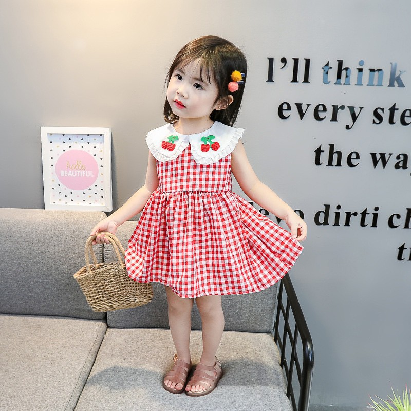 Đầm xòe không tay họa tiết quả cherry xinh xắn cho bé gái