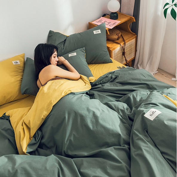 BỘ CHĂN GA GỐI COTTON HÀN QUỐC TICI XANH RÊU PHỐI VÀNG CỰC XINH DRAP GIƯỜNG