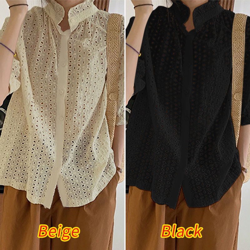 Zanzea Áo Kiểu Tay Ngắn Cổ Đứng Phối Bèo Và Nút Thời Trang Cho Nữ