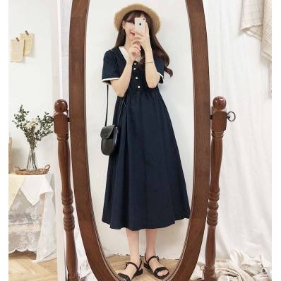 Đầm polo đen viền cổ trắng Váy ngắn tay đi học | BigBuy360 - bigbuy360.vn