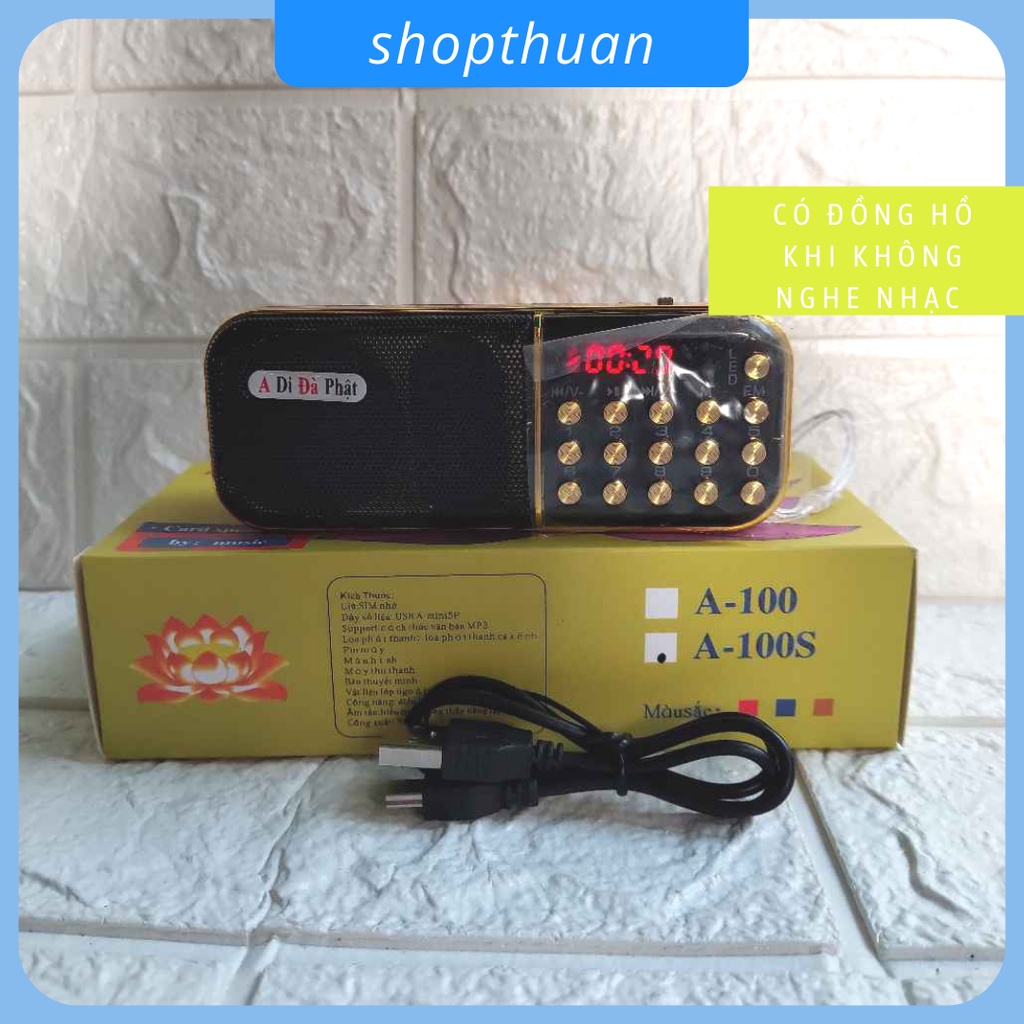 Loa A Di Đà Phật A-100S có đèn pin, 1 pin sạc, nghe thẻ nhớ,USB 2.0, FM Radio, có Jack gắn tai nghe 3.5mm