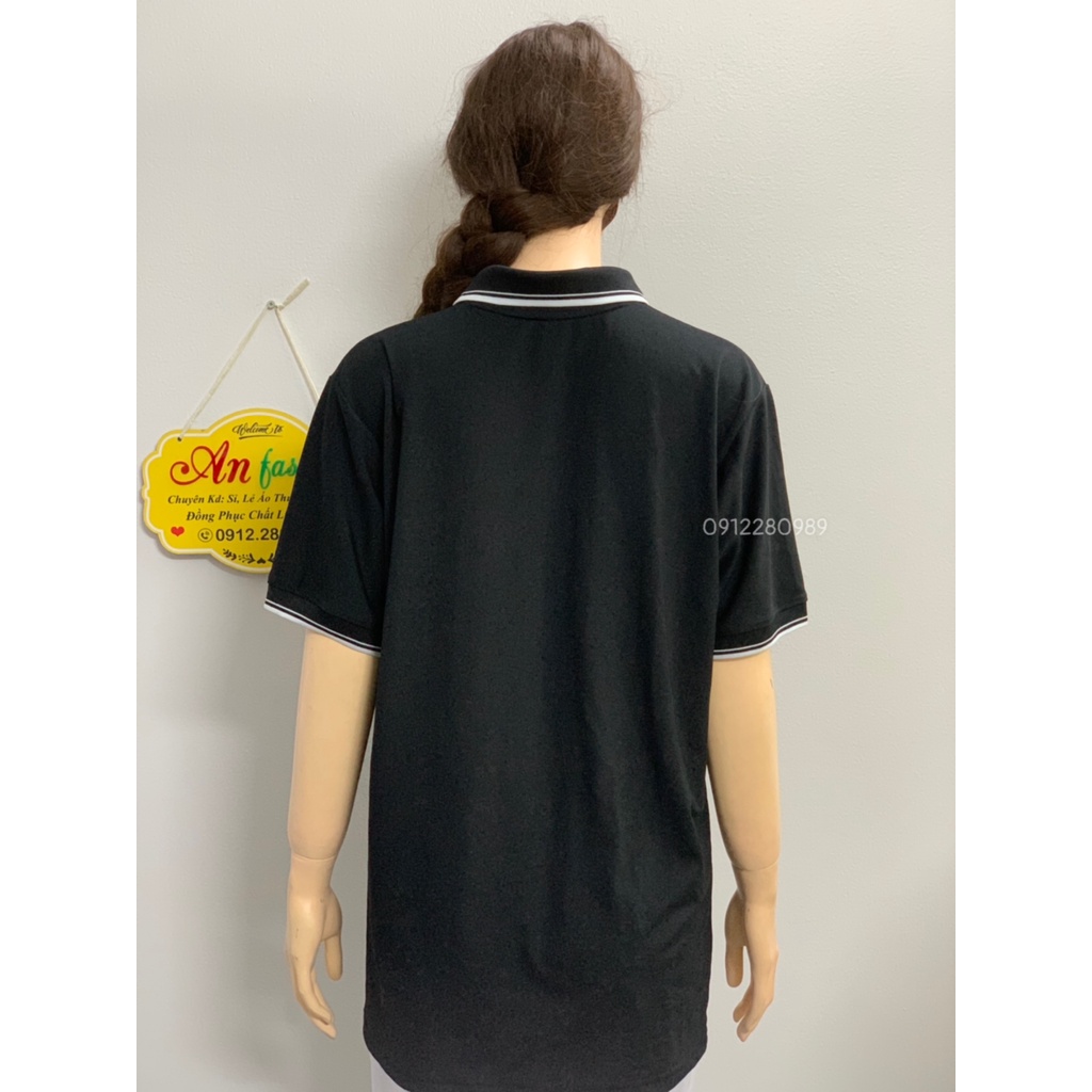 Áo thun có cổ màu đen viền trắng vải poly Thái cao cấp cho nam nữ _ Hình chụp thật