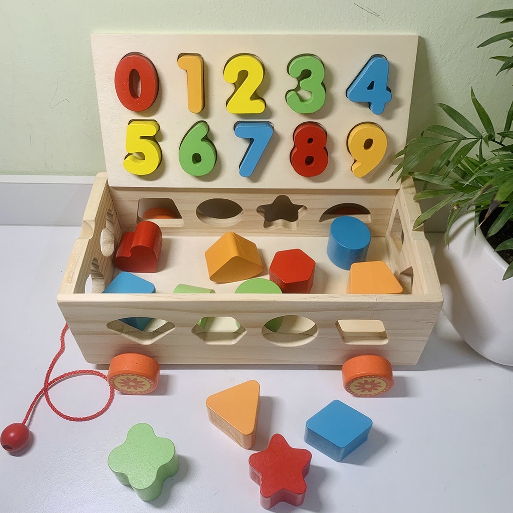 Đồ chơi gỗ xe kéo thả hình khối kèm số đếm - đồ chơi gỗ thông minh