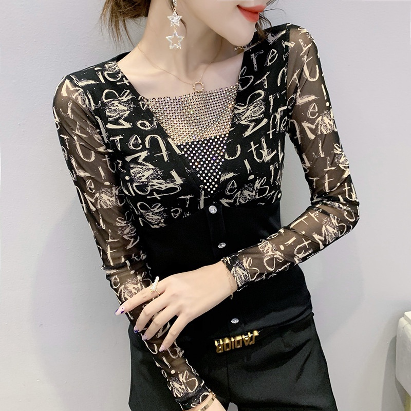 Áo lưới dài tay Áo thun dài tay nữ Phối Lưới In Họa Tiết Kim Cương Kiểu Mới