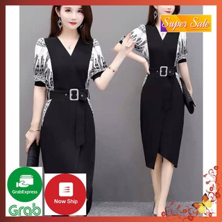 Đầm phối voan họa tiết kèm bell msp280 - váy lụa voan công sở tay ngắn phối sang trọng cho nàng văn phòng