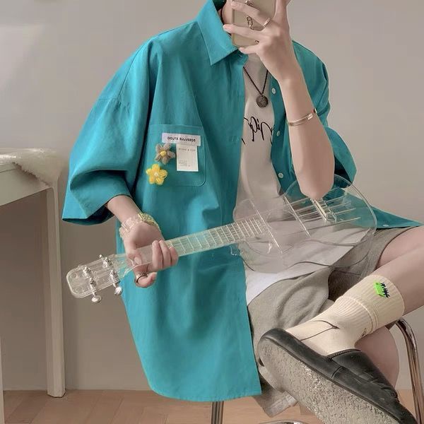 Áo Sơ Mi Nam Ngắn Tay Dáng Rộng Màu Sắc Đơn Giản
