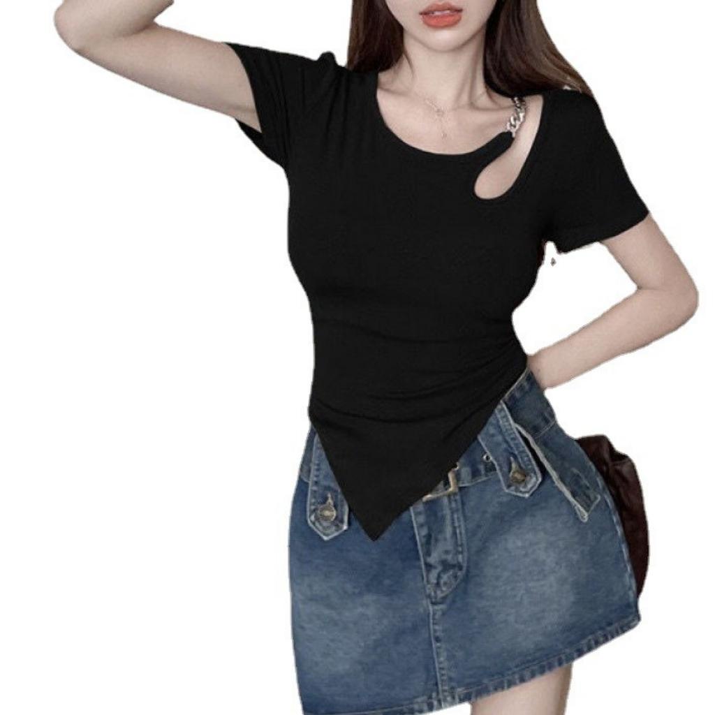 Áo thun nữ ôm body khoét vai phối xích cực quyến rũ Xquin, Áo kiểu nữ ngắn tay vạt nhọn chất borip mềm mịn