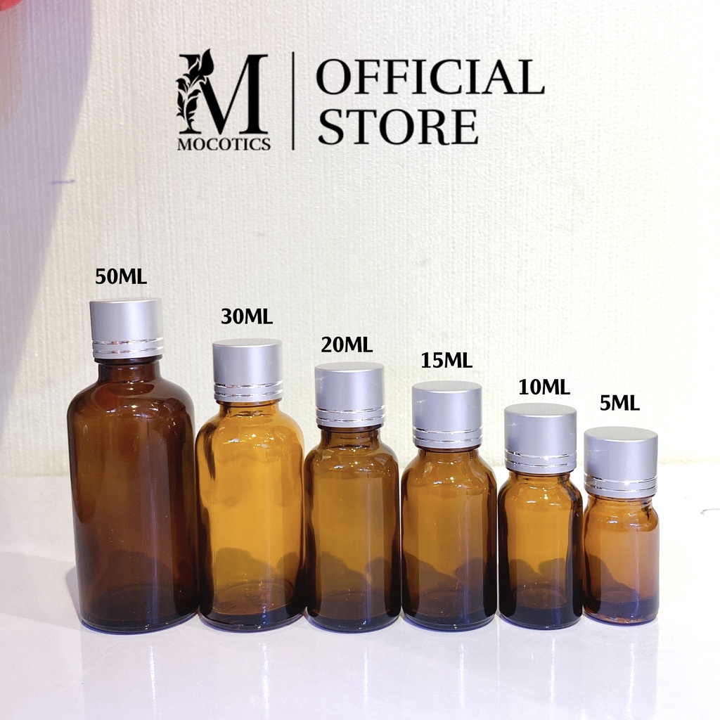 Chai lọ đựng tinh dầu nhỏ giọt 5ml,10ml,15ml,20ml,30ml,50ml Mocotics, thủy tinh nâu, nắp nhôm vàng 2 sọc, nắp vàng xoắn