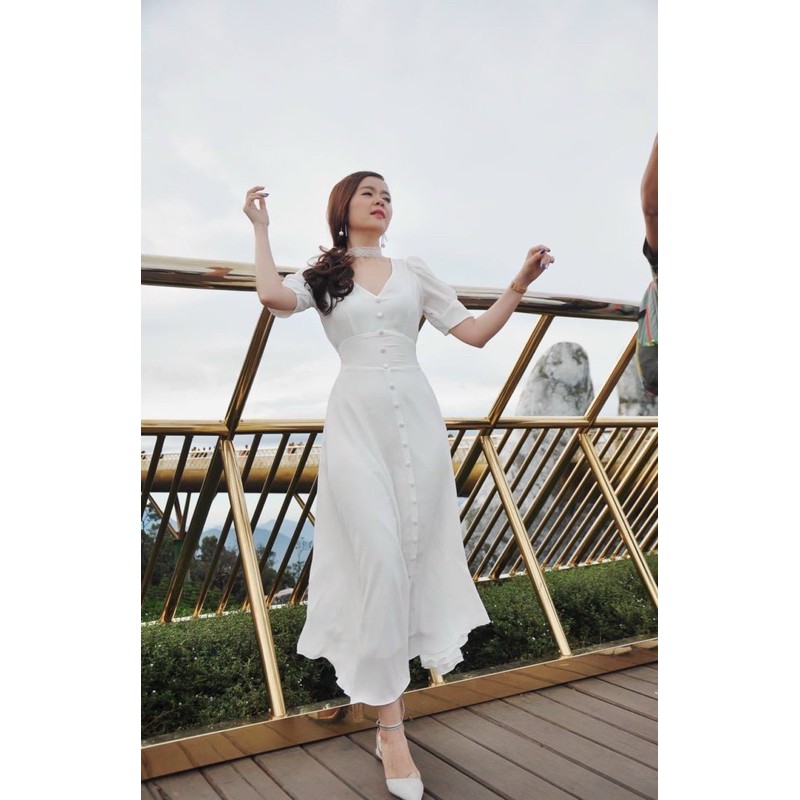 ĐẦM CỔ V NÚT BỌC MIDI