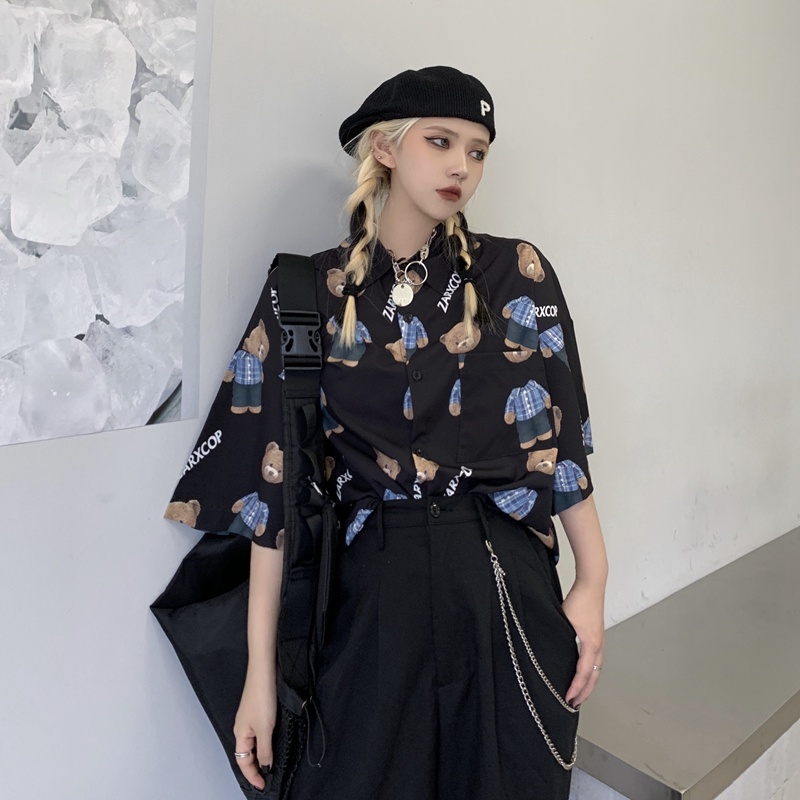 Áo sơ mi nam nữ form rộng hàn quốc tay lỡ unisex in hình gấu ulzzang Yinxx ASM04