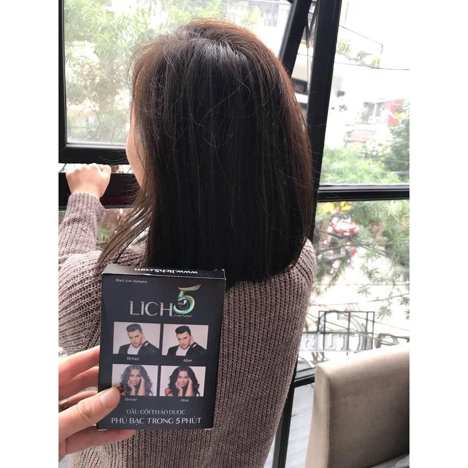 Dầu Gội Lich5 - Thảo Dược Đen Tóc Cỏ Cây Hoa Lá làm đen tóc trong 5 phút - hộp 10 gói