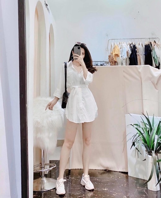 S952 Set Áo Sơ Mi Dáng Dài Che Mông May Túi Ngực Cá Tính Mix Quần Short Kẻ Ly Kèm Dây Lưng Buộc Eo