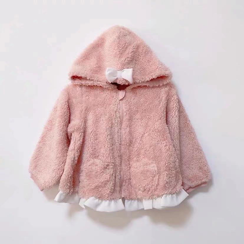 Áo khoác lông cừu màu hồng kèm nơ dành cho bé gái