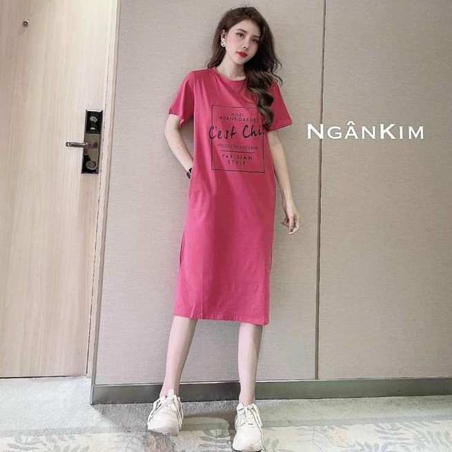 Váy suông cộc tay in chữ cest chic phom rộng 4 màu