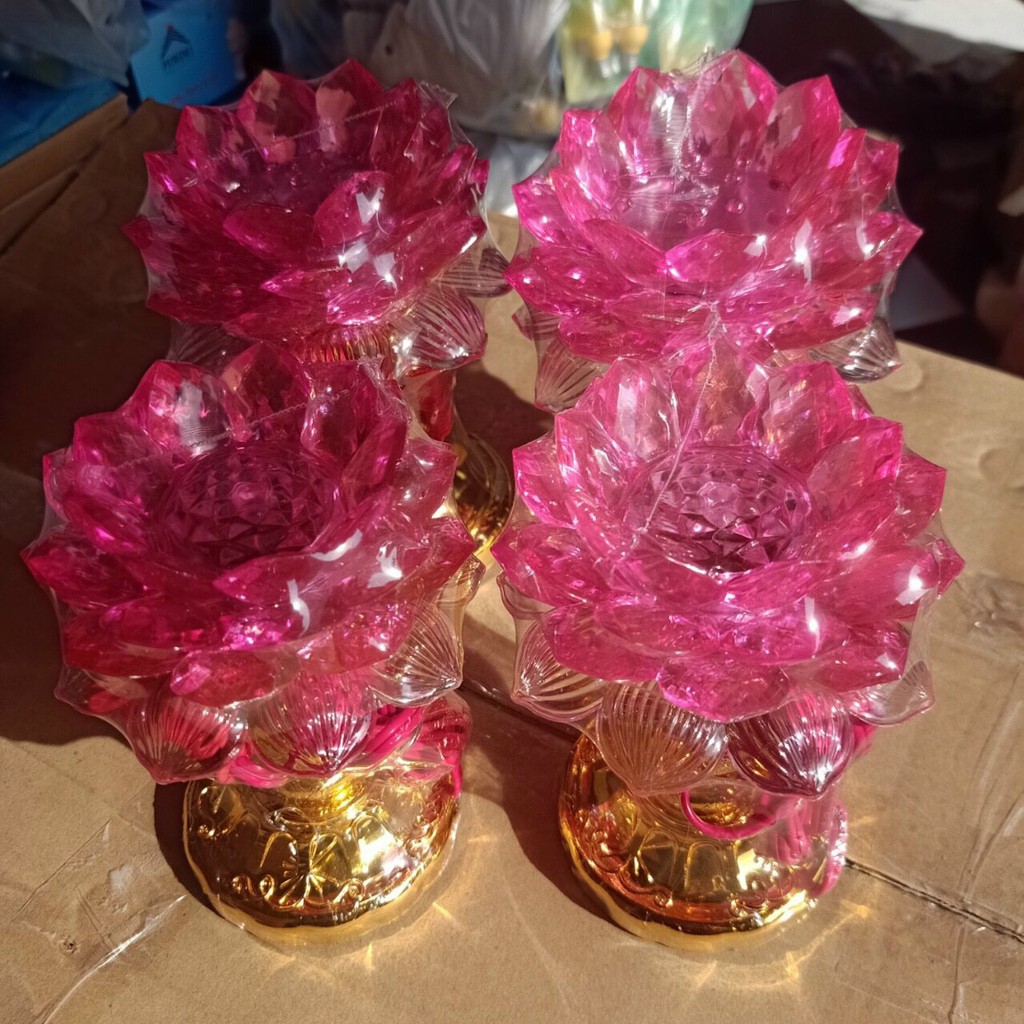 Bộ 2 đèn thờ cúng hoa sen có đèn LED đổi màu 17CM