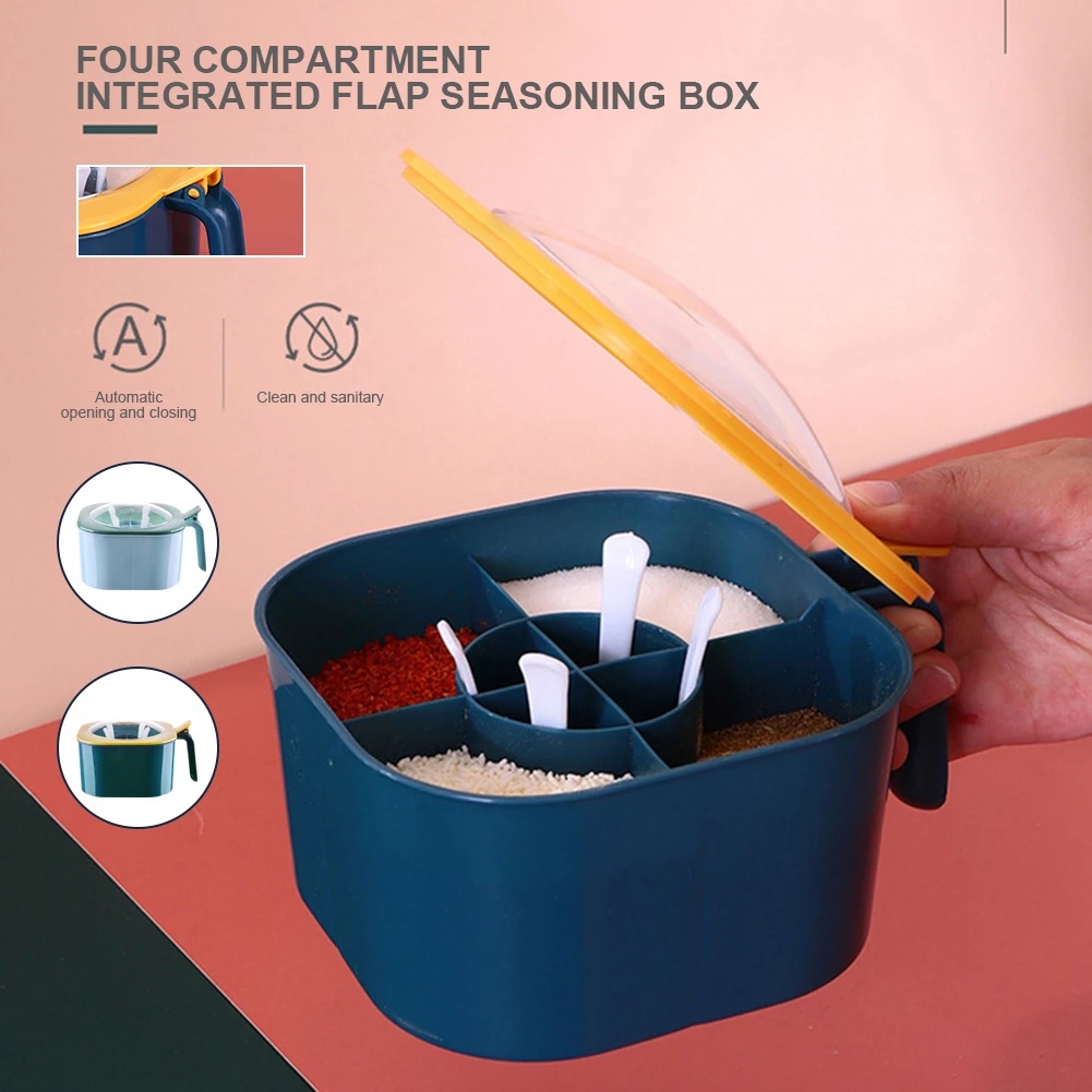 Hộp đựng gia vị 4 ngăn màu sắc trang nhã kèm muỗng cho nhà bếp