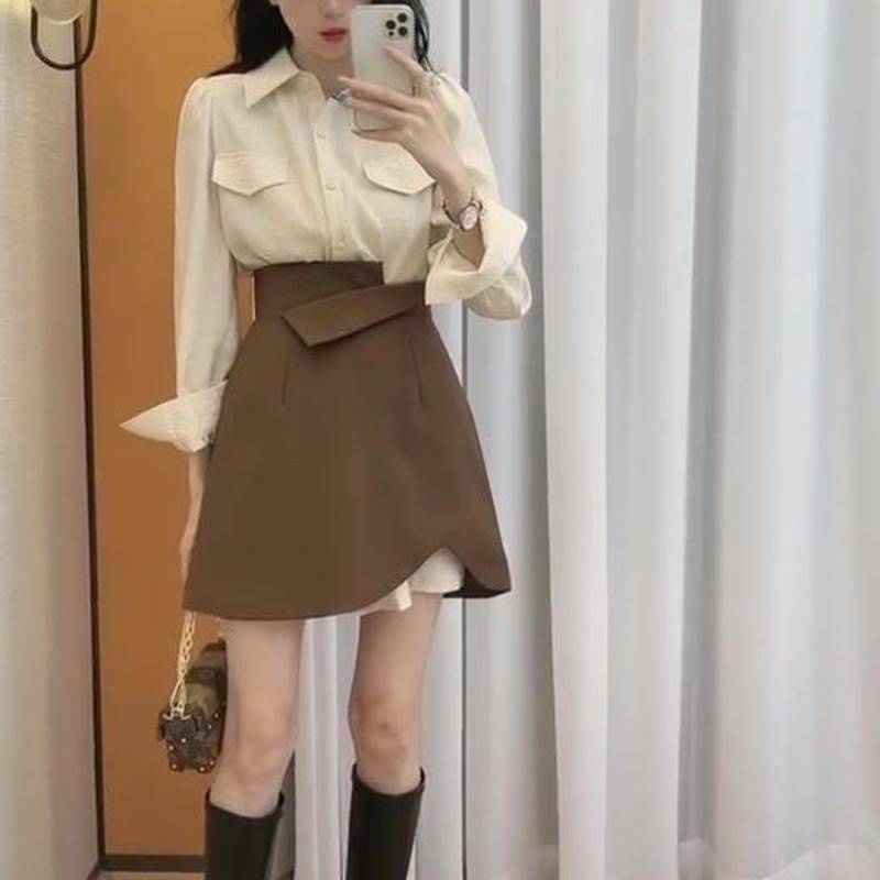 Set Áo Sơ Mi Và Chân Váy Thiết Kế Mới Thời Trang Theo Phong Cách Hàn Quốc