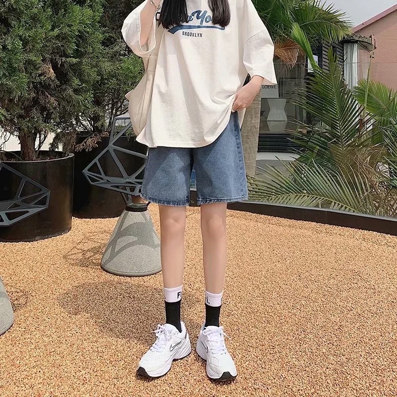 Quần Đùi Jeans Nữ Ống Rộng Màu Xanh, Quần Short Bò Lửng Cạp Cao Chun Có Cúc Điều Chỉnh Hàng Quảng Châu Loại 1 Năng Động