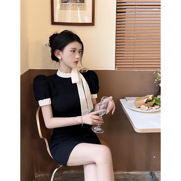 Đầm Đen Tay Ngắn Cổ Tròn Nhấn Eo Phong Cách Pháp Thời Trang Mùa Hè Quyến Rũ Cho Nữ