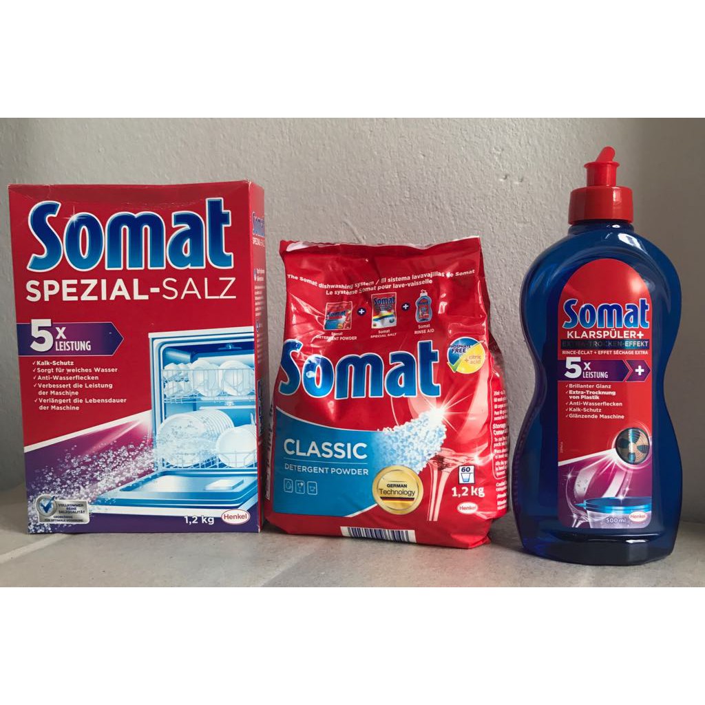 Combo bột rửa bát somat 1,2 kg nuớc làm bóng Somat 750ml và hộp muối somat 1.2 kg