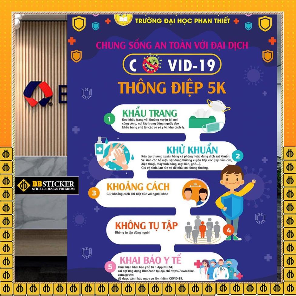 Poster/Sticker tấm decal dán biển báo thông điệp 5K phòng chống covid dán cửa, tường công ty, cửa hàng...