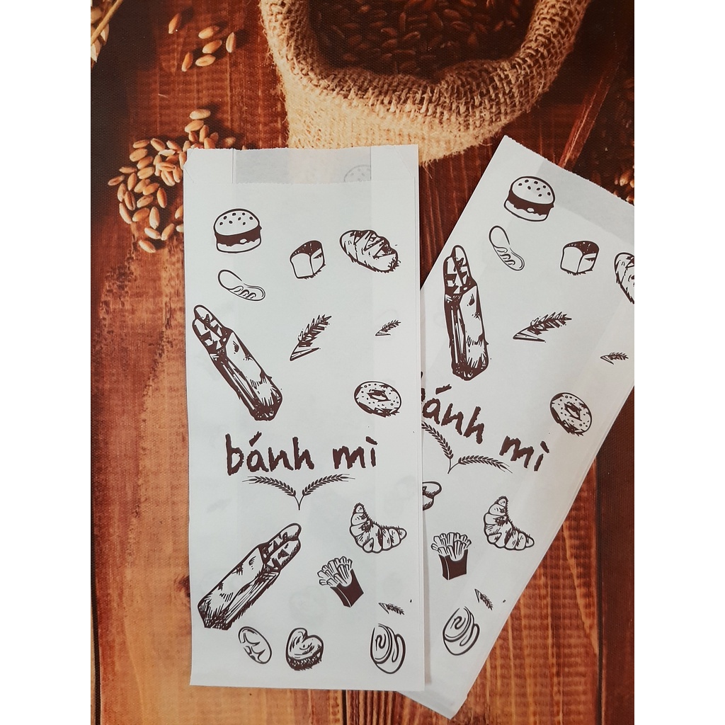 100 Túi Giấy ĐỰNG BÁNH MÌ TRUYỀN THỐNG HỌA TIẾT BÁNH MÌ (KT1) size 24x10x4cm - Giấy Thực Phẩm Kraft 50gms