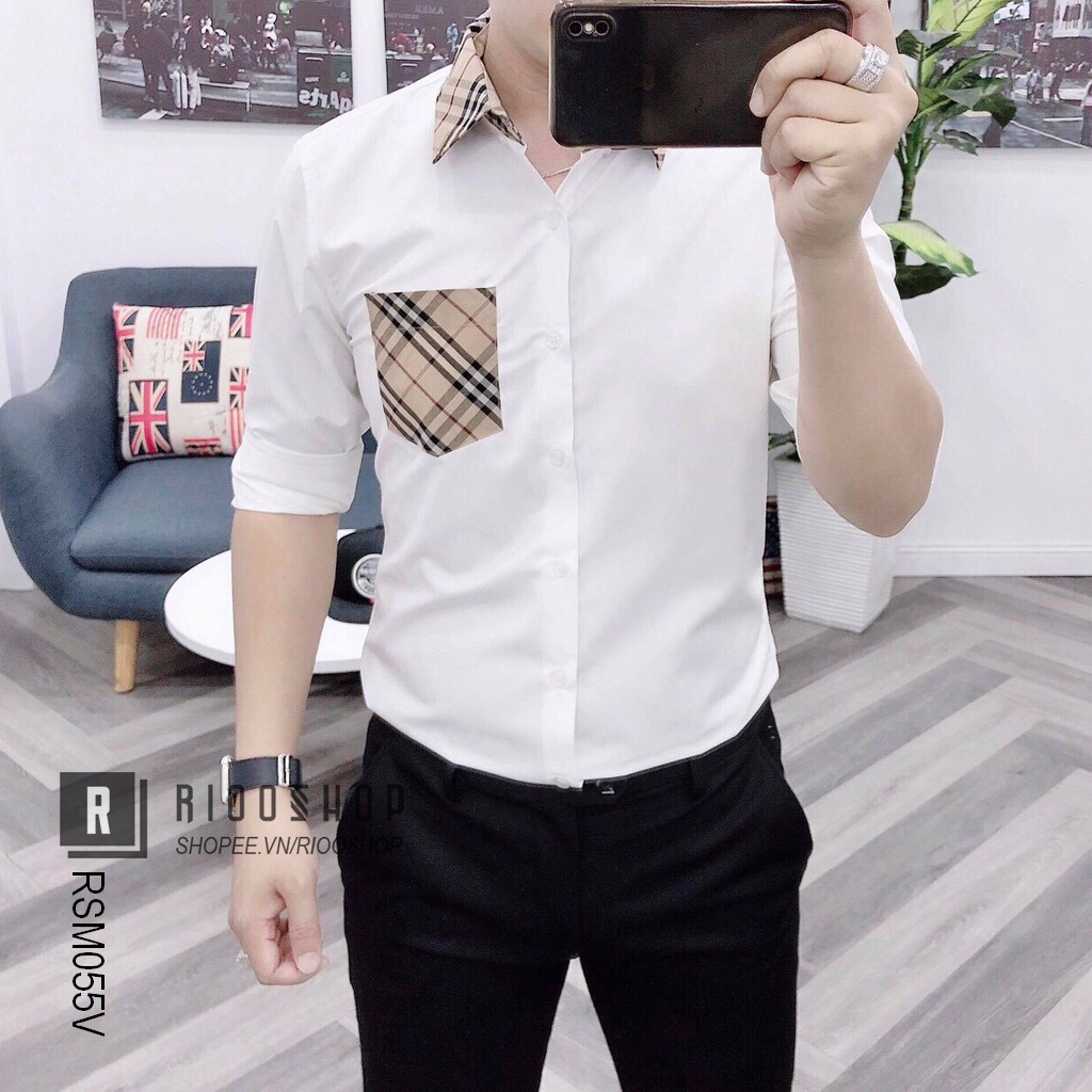 Áo sơ mi nam tay dài trắng phối màu có túi BBR cực đẹp RSM055V