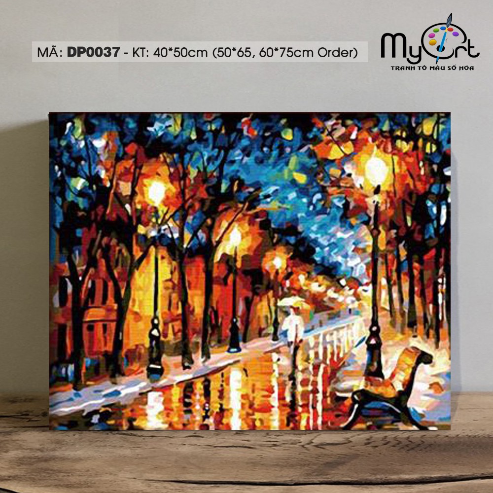 Tranh tô màu tự vẽ sơn dầu số hóa DP0037 Tranh phong cảnh đường phố cảnh đêm châu Âu người đi trong đêm mưa