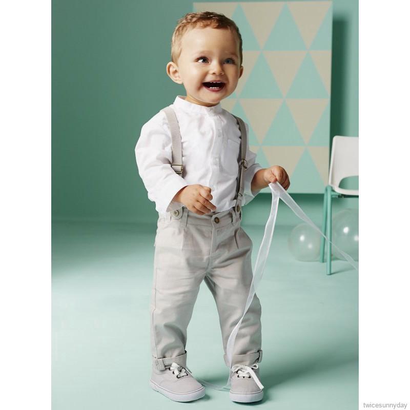 Set áo thun ngắn tay cổ tròn + quần dài có dây đeo thời trang cho bé trai