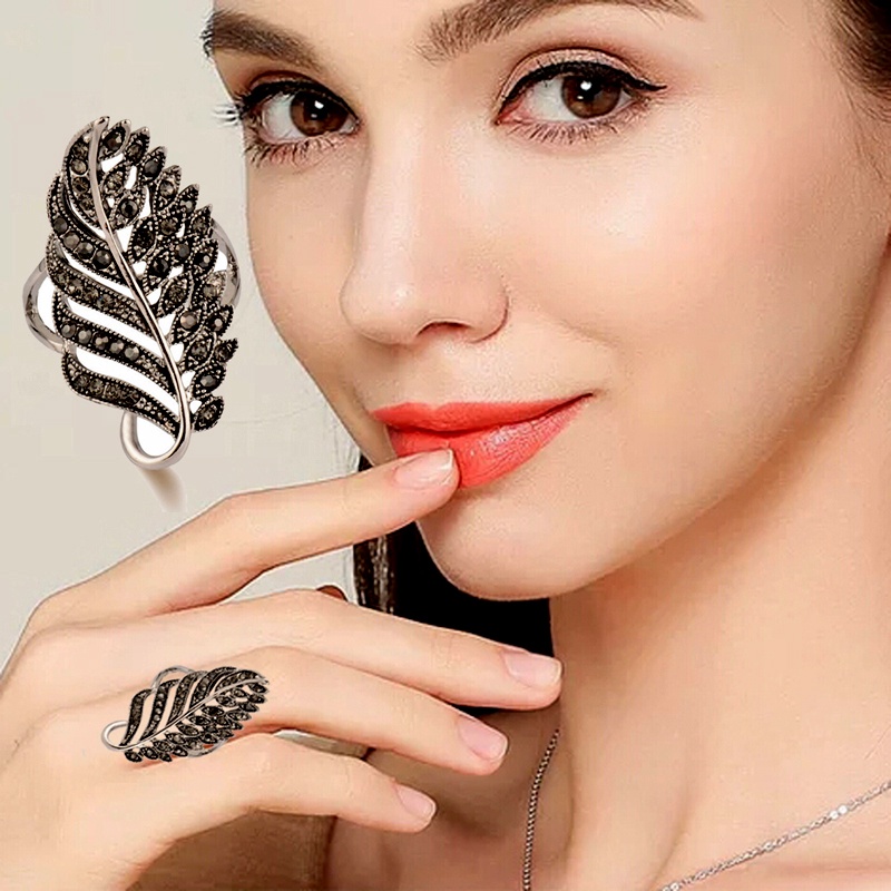 Nhẫn SINLEERY JZ012 đính đá zircon kiểu chiếc lá màu đen bạc quyến rũ thời trang đi tiệc dành cho nữ