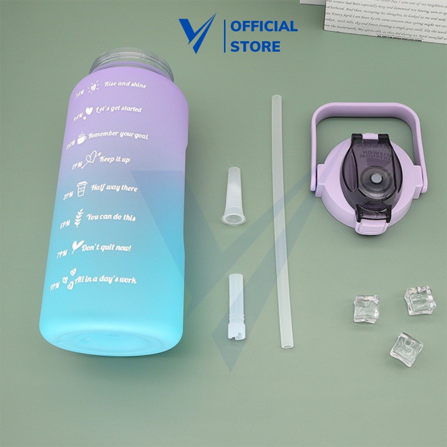 Bình nước 2 lít chia vạch tặng kèm sticker, dành cho người hay quên uống nước, nhắc thời gian uống nước đúng giờ