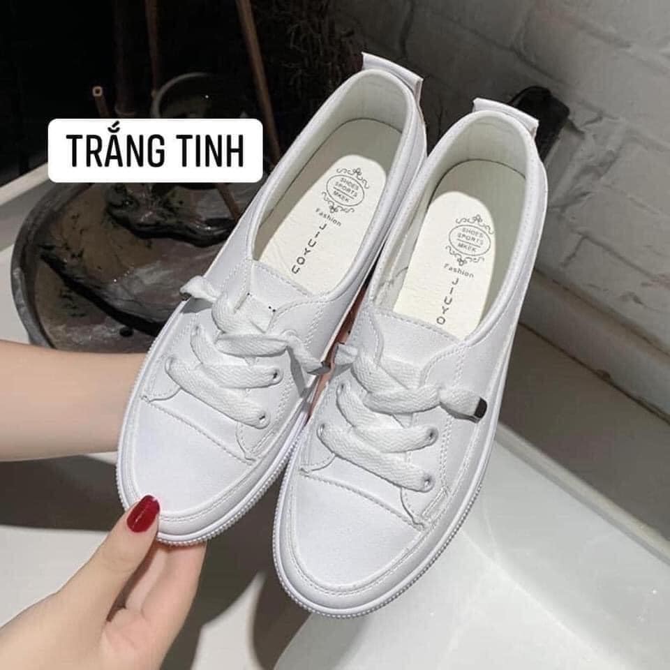 Giày slip on trắng kem siêu êm chân_GIÀY LƯỜI da pu hot 2021