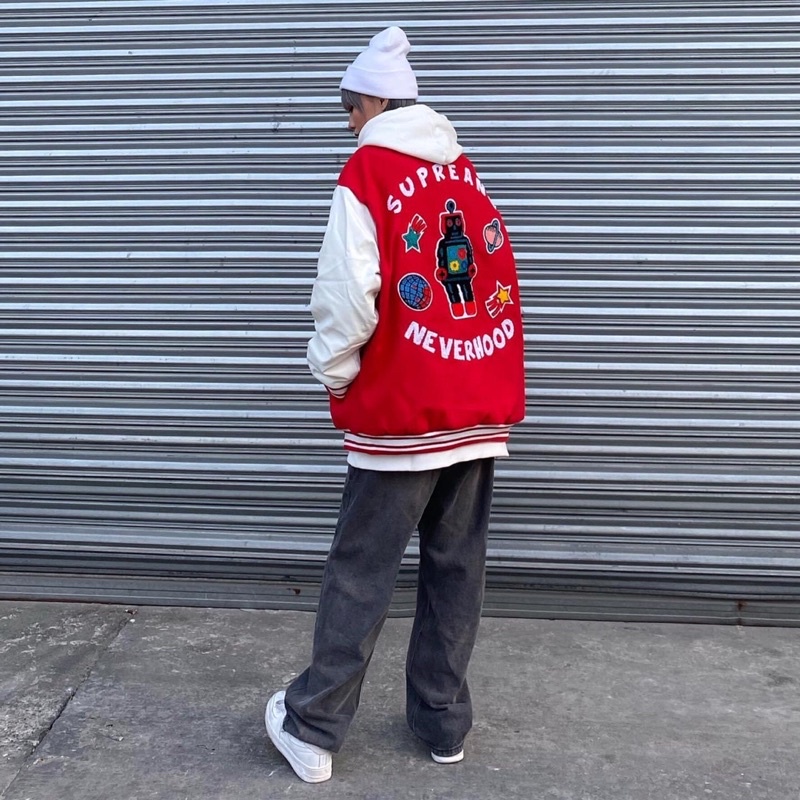 Áo Bomber Nút Bấm Nỉ Bông Unisex Thêu Vũ Trụ Ảnh Thật