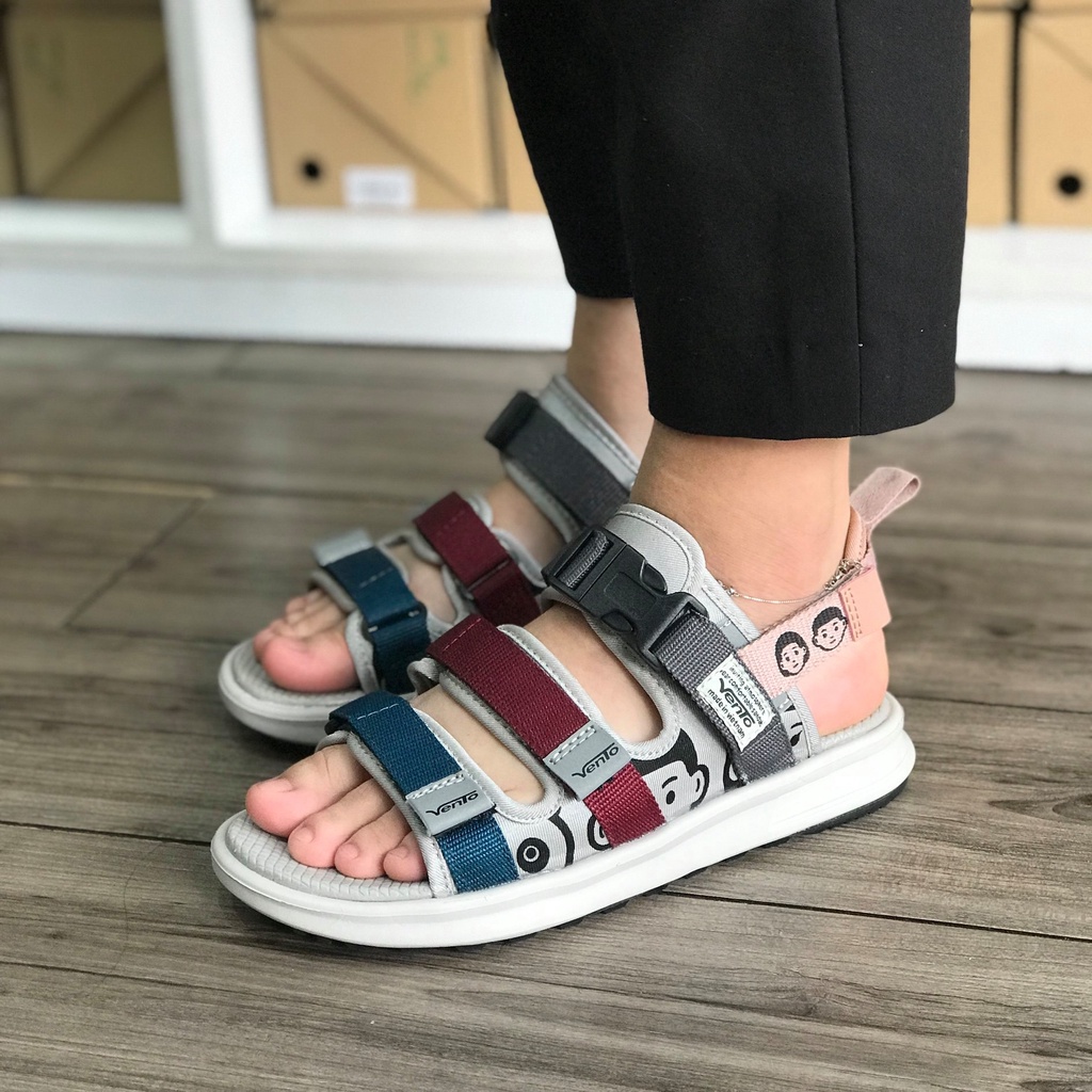 Sandal Vento chính hãng SD-NB80 màu ghi xanh L.GREY D.GREEN RED, Dép quai sau nữ quai dán tháo rời đế bằng