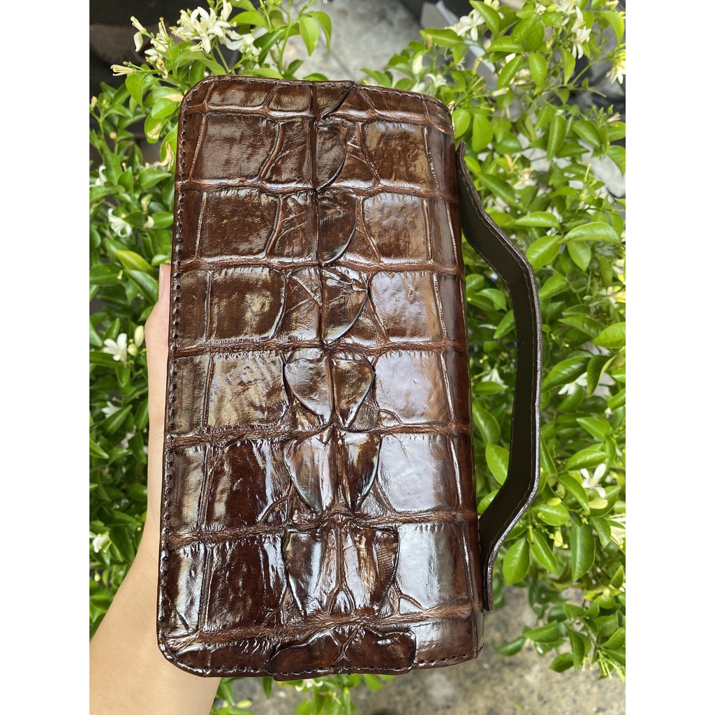 VÍ CẦM TAY NGUYÊN CON CÁ SẤU THẬT 100% 2 DÂY KÉO 22X12CM