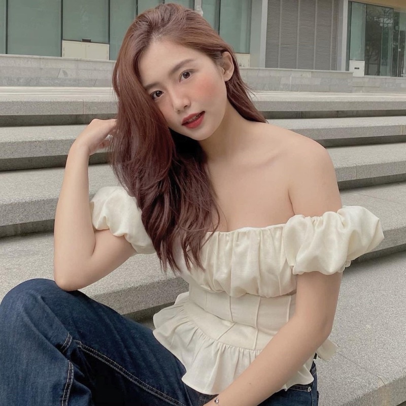 Áo trễ vai nhún ngực tay bồng tiểu thư bánh bèo